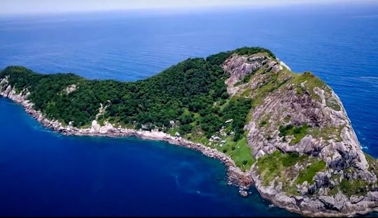 Vista aérea da Ilha Queimada, cercada de mata